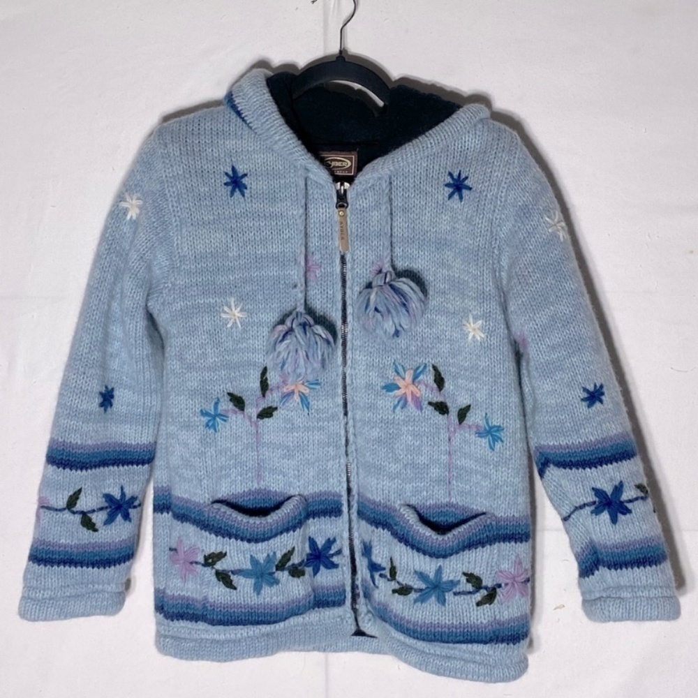 Kyber Blue Knit Full Zip Lined Wool Snowflake Flower Hoodie Sweater S